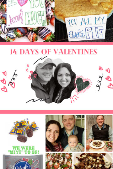 14 days of valentines long image with treats and couple photos.