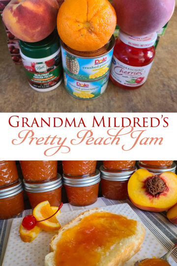 Small jars of Grandma Mildred's Pretty Peach Jam stacked. Jam spread on a piece of buttered bread.
