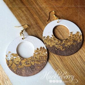 White and Java hand painted wooden hoop earrings with gold leaf detail