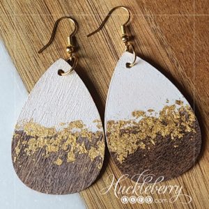 White and Java Gold Leaf Wooden Teardrop Earrings