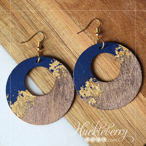 Blue and Java hand-painted wooden hoop earrings.