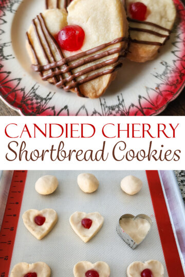 Candied Cherry Shortbread Cookies shaped like hearts and drizzled with chocolate.