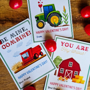 Farm Valentine Printables, Be Mine Combine with a red combine. You are Hay-larious with a barn and hay bales. You are a deere friend, with a john deere tractor.