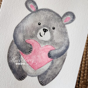Hand-painted watercolor gray bear holding a big pink heart.