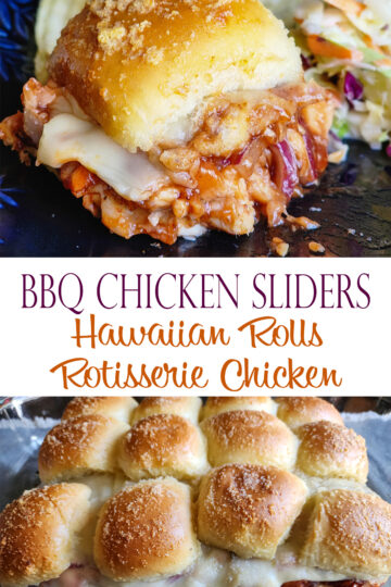 BBQ chicken sliders in a pan and on a plate. Graphic text.