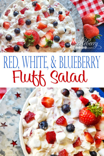 pinterest long image graphic text red, white, and blueberry fluff salad
