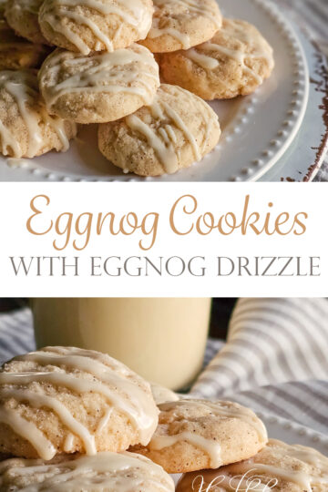 eggnog cookies with eggnog drizzle text image closeup of cookies on a plate