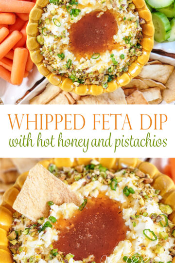 whipped feta dip long image with graphic text, whipped feta dip in a bowl topped with hot honey and chopped pistachios